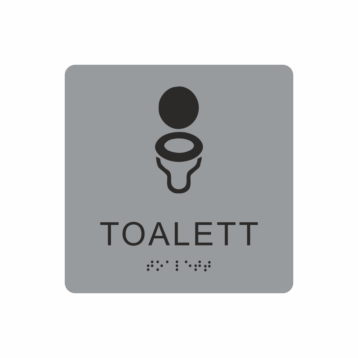 Silvergrå och svart toalett­skylt med piktogram av en toalettstol, texten toalett står under symbolen och punktskrift längst ned