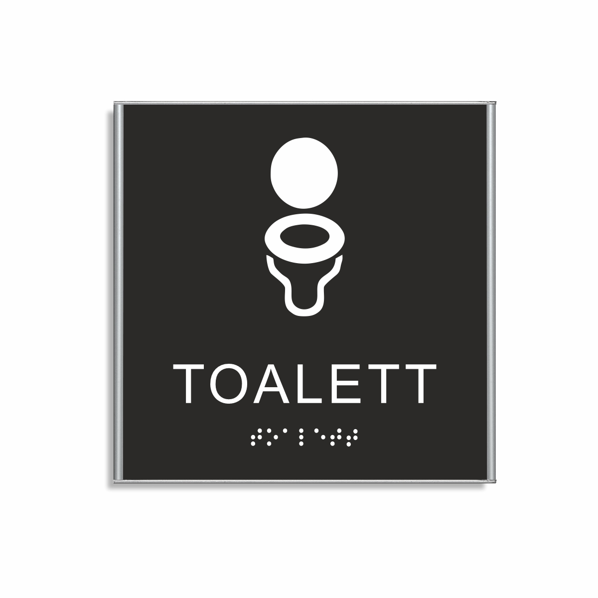 Svart och vit toalett­skylt i storlek 150 x 150 mm med en tunn aluminiumram, med piktogram av en toalettstol, texten toalett står under symbolen och punktskrift längst ned
