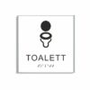 Vit och svart toalett­skylt i storlek 150 x 150 mm med en tunn aluminiumram, med piktogram av en toalettstol, texten toalett står under symbolen och punktskrift längst ned