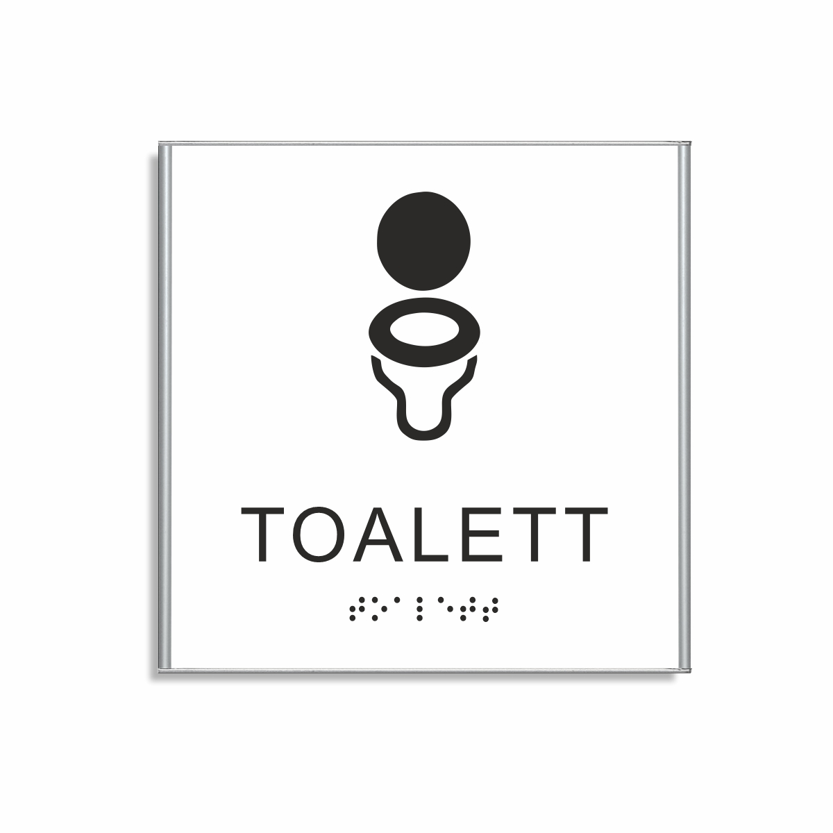 Vit och svart toalett­skylt i storlek 150 x 150 mm med en tunn aluminiumram, med piktogram av en toalettstol, texten toalett står under symbolen och punktskrift längst ned