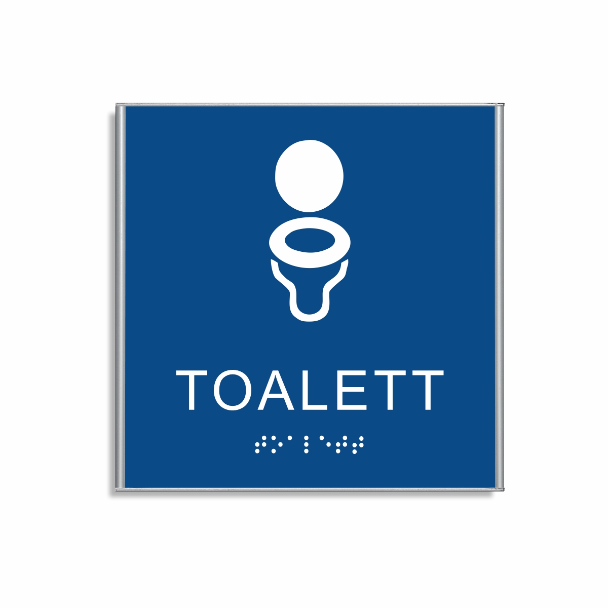 Blå och vit toalett­skylt i storlek 150 x 150 mm med en tunn aluminiumram, med piktogram av en toalettstol, texten toalett står under symbolen och punktskrift längst ned