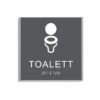 Charcoal grå och vit toalett­skylt i storlek 150 x 150 mm med en tunn aluminiumram, med piktogram av en toalettstol, texten toalett står under symbolen och punktskrift längst ned