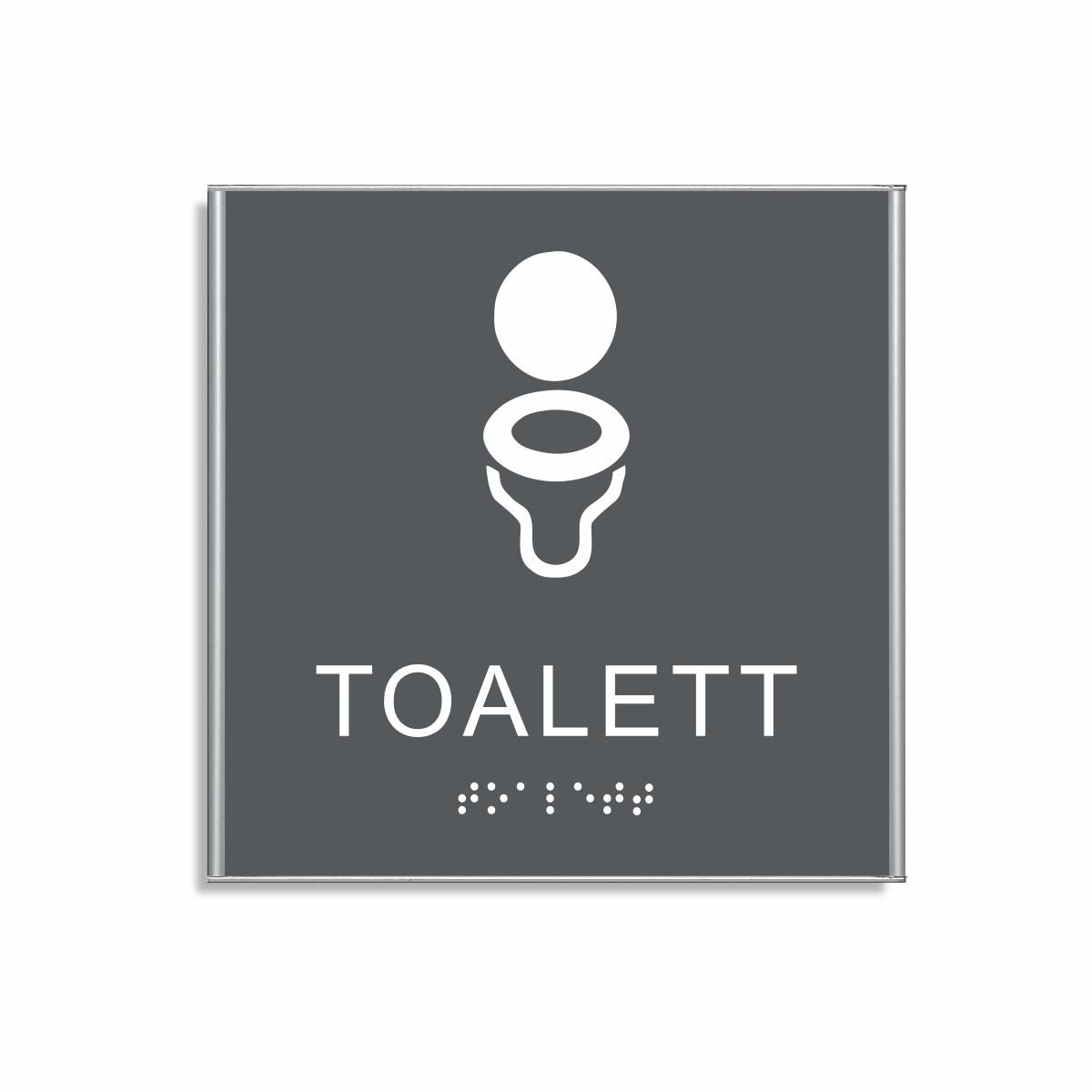 Charcoal grå och vit toalett­skylt i storlek 150 x 150 mm med en tunn aluminiumram, med piktogram av en toalettstol, texten toalett står under symbolen och punktskrift längst ned
