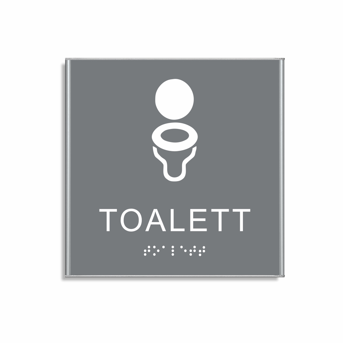 Grå och vit toalett­skylt i storlek 150 x 150 mm med en tunn aluminiumram, med piktogram av en toalettstol, texten toalett står under symbolen och punktskrift längst ned