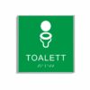 Grön och vit toalett­skylt i storlek 150 x 150 mm med en tunn aluminiumram, med piktogram av en toalettstol, texten toalett står under symbolen och punktskrift längst ned