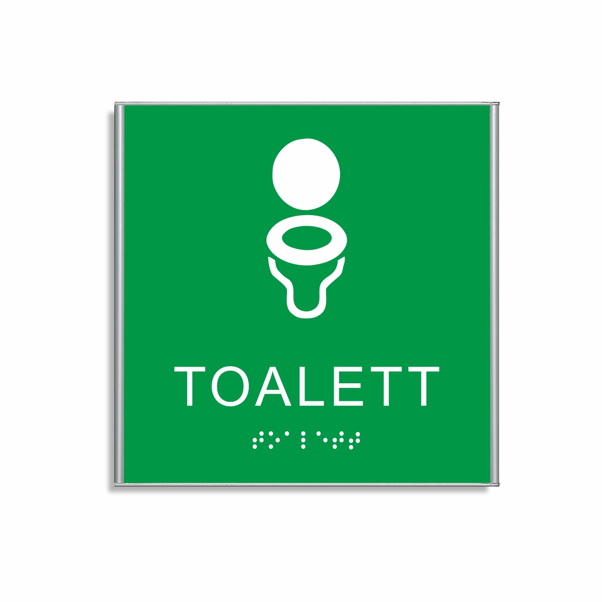Grön och vit toalett­skylt i storlek 150 x 150 mm med en tunn aluminiumram, med piktogram av en toalettstol, texten toalett står under symbolen och punktskrift längst ned