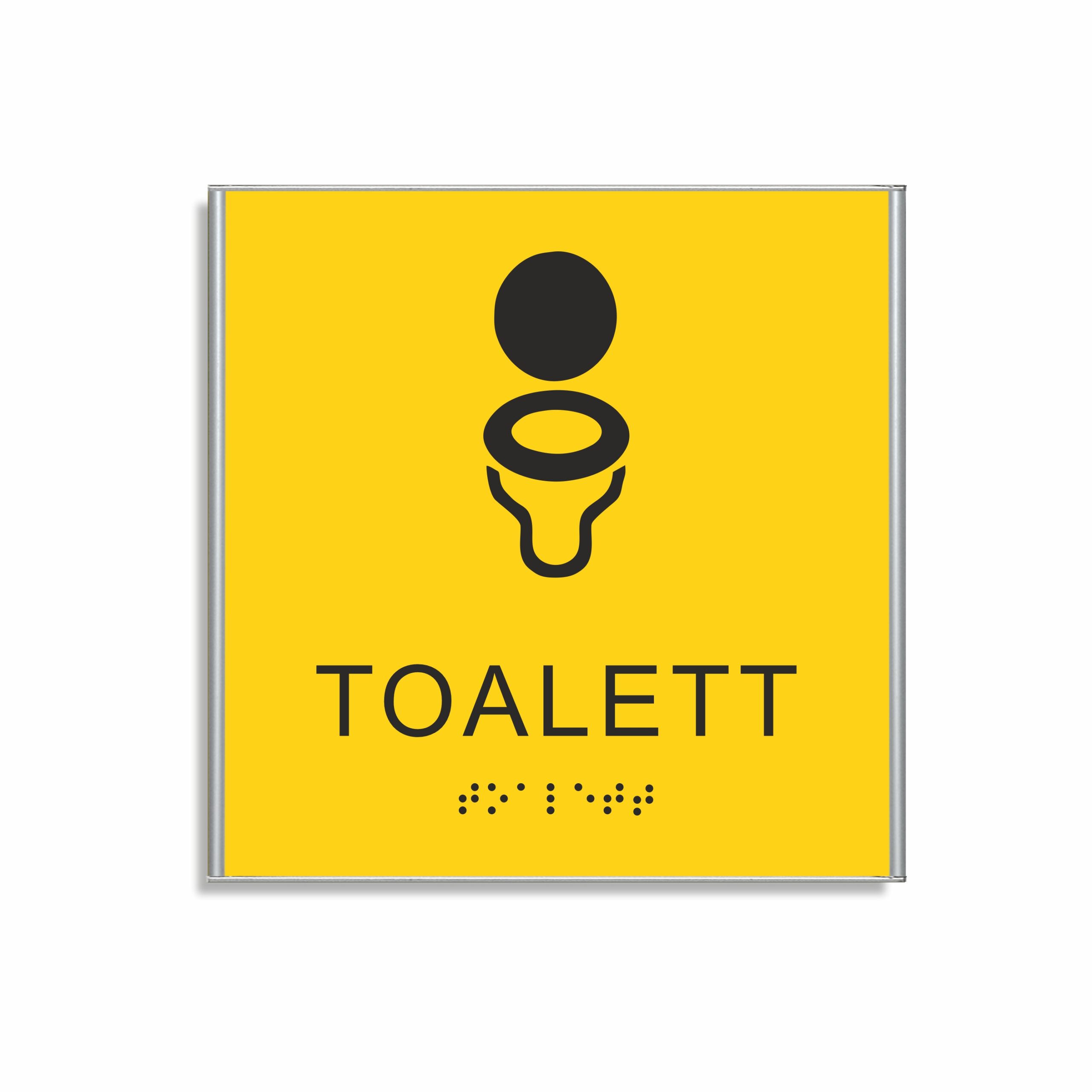 Gul och svart toalett­skylt i storlek 150 x 150 mm med en tunn aluminiumram, med piktogram av en toalettstol, texten toalett står under symbolen och punktskrift längst ned