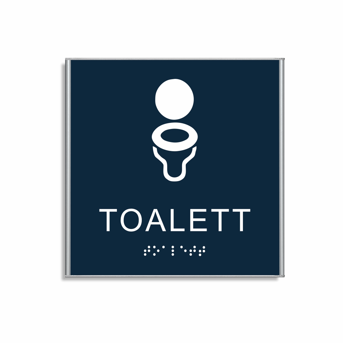 Mörkblå och vit toalett­skylt i storlek 150 x 150 mm med en tunn aluminiumram, med piktogram av en toalettstol, texten toalett står under symbolen och punktskrift längst ned