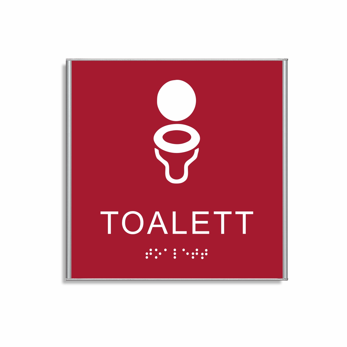 Röd och vit toalett­skylt i storlek 150 x 150 mm med en tunn aluminiumram, med piktogram av en toalettstol, texten toalett står under symbolen och punktskrift längst ned