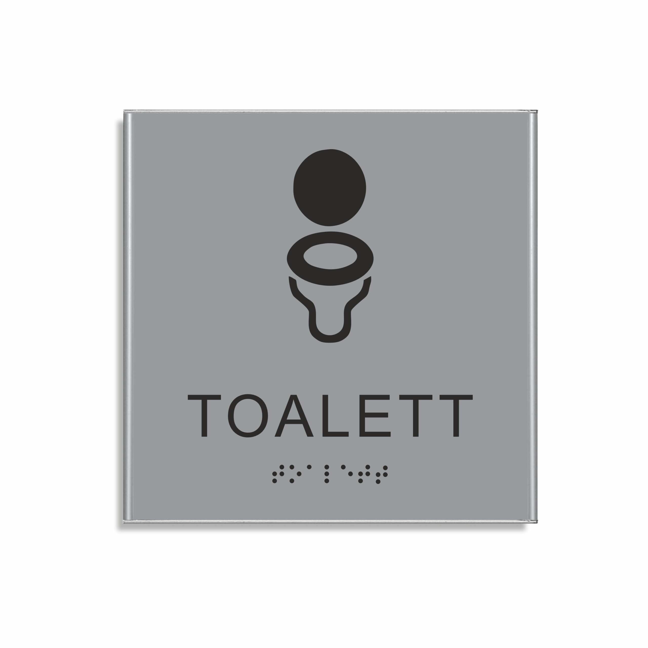 Silvergrå och svart toalett­skylt i storlek 150 x 150 mm med en tunn aluminiumram, med piktogram av en toalettstol, texten toalett står under symbolen och punktskrift längst ned