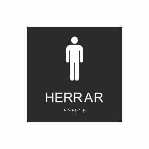 Svart och vit toalett­skylt med piktogram av en man, texten herrar står under symbolen och punktskrift längst ned