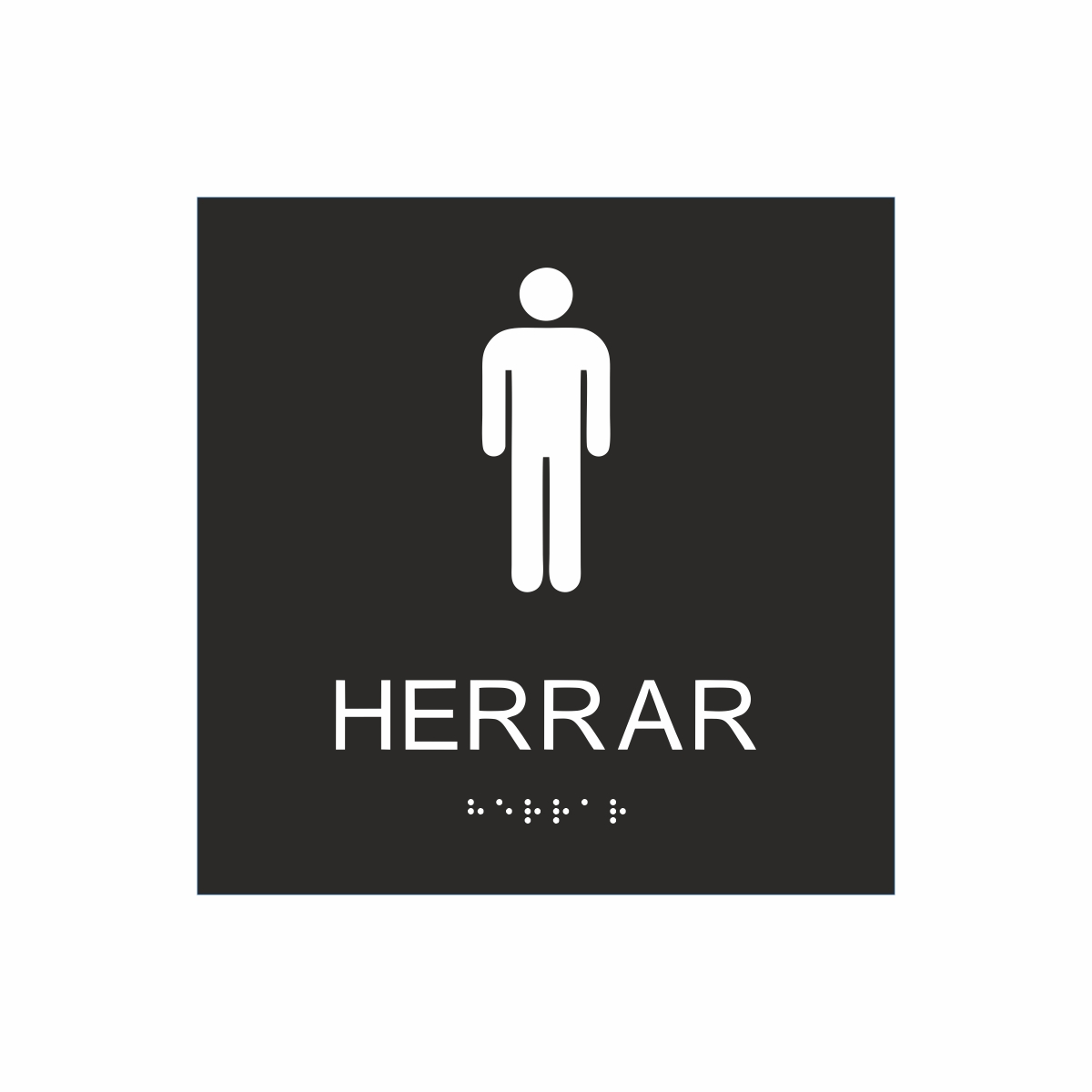 Svart och vit toalett­skylt med piktogram av en man, texten herrar står under symbolen och punktskrift längst ned