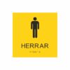 Gul och svart toalett­skylt med piktogram av en man, texten herrar står under symbolen och punktskrift längst ned