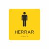 Gul och svart toalett­skylt med piktogram av en man, texten herrar står under symbolen och punktskrift längst ned