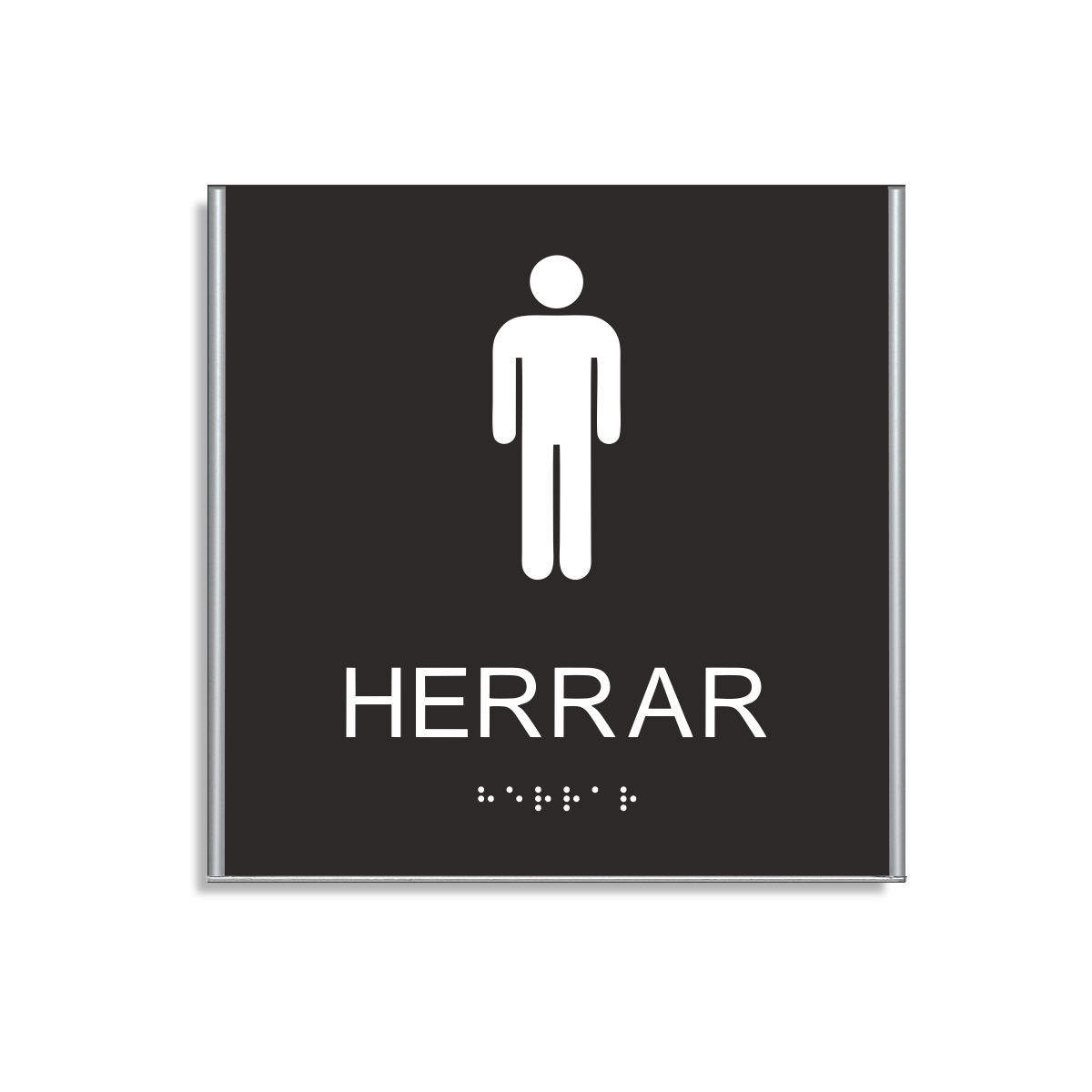 Svart och vit toalett­skylt i storlek 150 x 150 mm med en tunn aluminiumram, med piktogram av en man, texten herrar står under symbolen och punktskrift längst ned