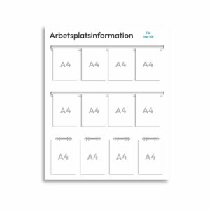 Informationsskylt för arbetsplatsen i storlek 1140 x 1250 mm med åtta stycken A4-hållare av typen Easy Slide med svarta ändstycken och fyra stycken A4-hållare ringpärmsmekanismer. Rubriken är arbetsplatsinformation och överst till höger finns plats för företagslogotyp.