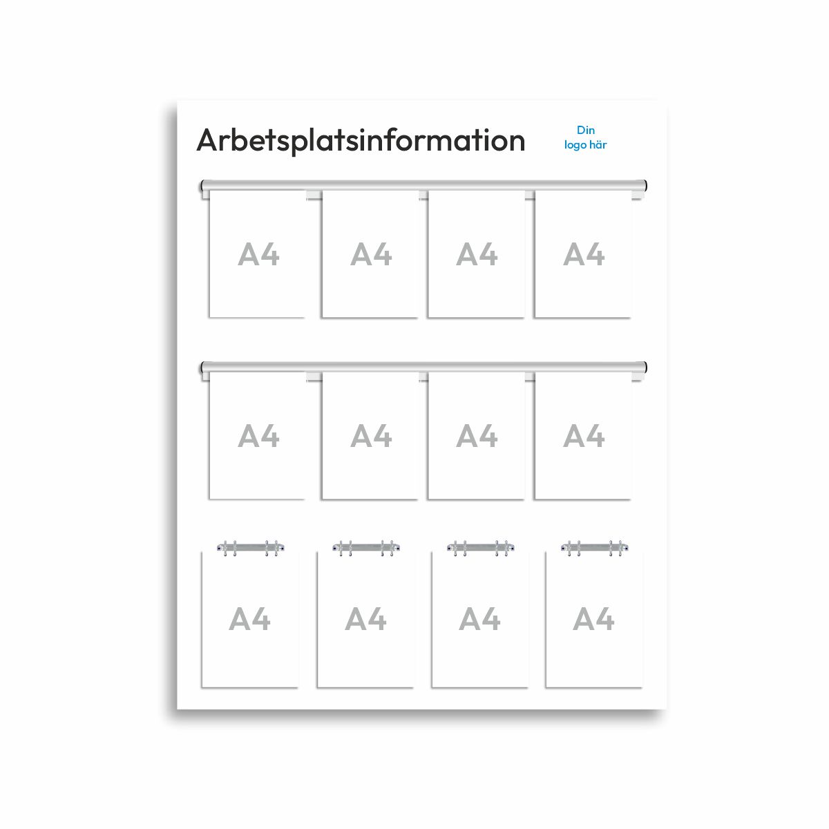 Informationsskylt för arbetsplatsen i storlek 1140 x 1250 mm med åtta stycken A4-hållare av typen Easy Slide med svarta ändstycken och fyra stycken A4-hållare ringpärmsmekanismer. Rubriken är arbetsplatsinformation och överst till höger finns plats för företagslogotyp.