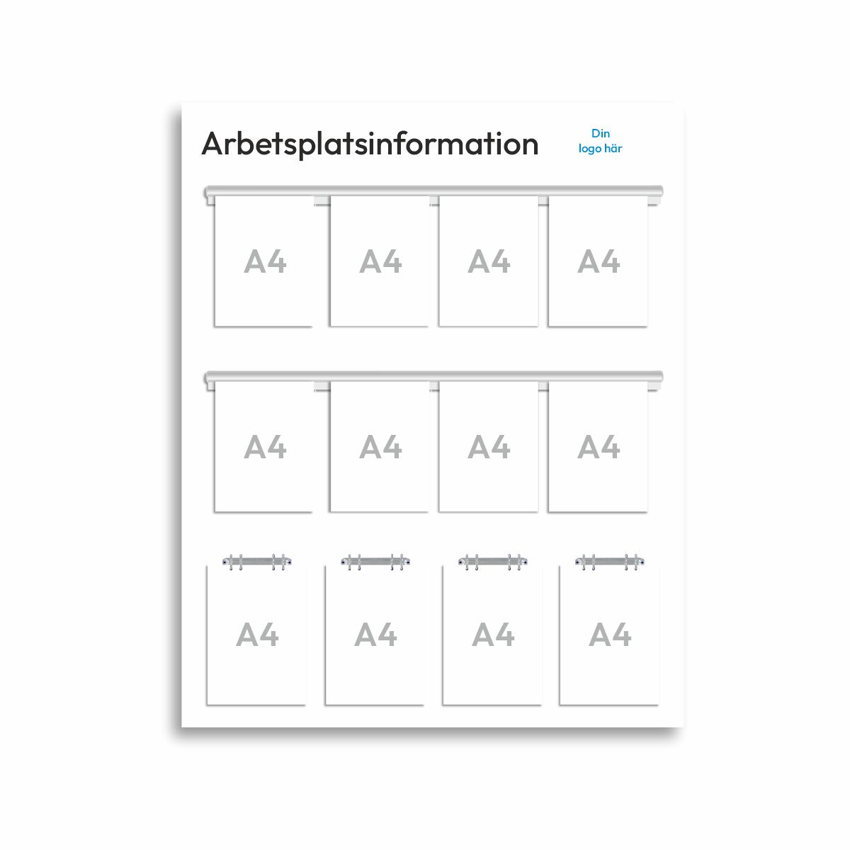 Informationsskylt för arbetsplatsen i storlek 1140 x 1250 mm med åtta stycken A4-hållare av typen Easy Slide med grå ändstycken och fyra stycken A4-hållare ringpärmsmekanismer. Rubriken är arbetsplatsinformation och överst till höger finns plats för företagslogotyp.