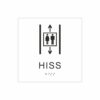 Vit och svart hisskylt med piktogram av två personer i en hiss med upp- och nedåtpilar ovanför och under symbolen, texten hiss  står under symbolen och punktskrift längst ned