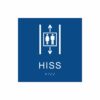 Blå och vit hisskylt med piktogram av två personer i en hiss med upp- och nedåtpilar ovanför och under symbolen, texten hiss  står under symbolen och punktskrift längst ned