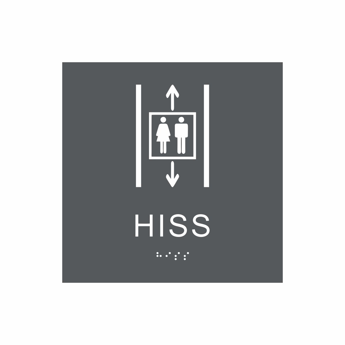 Charcoalgrå och vit hisskylt med piktogram av två personer i en hiss med upp- och nedåtpilar ovanför och under symbolen, texten hiss  står under symbolen och punktskrift längst ned