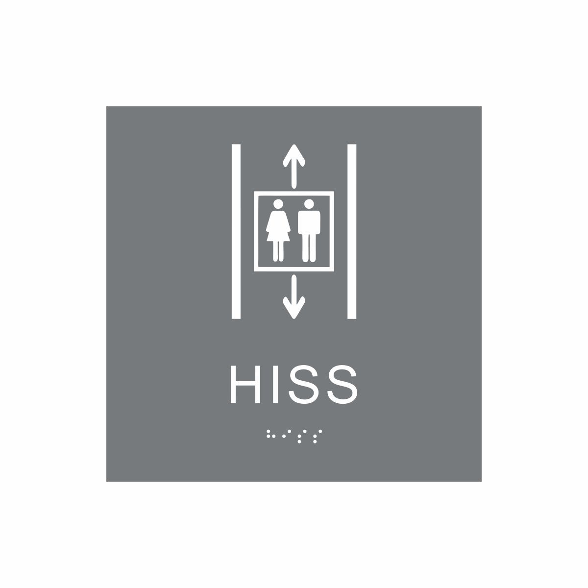 Grå och vit hisskylt med piktogram av två personer i en hiss med upp- och nedåtpilar ovanför och under symbolen, texten hiss står under symbolen och punktskrift längst ned