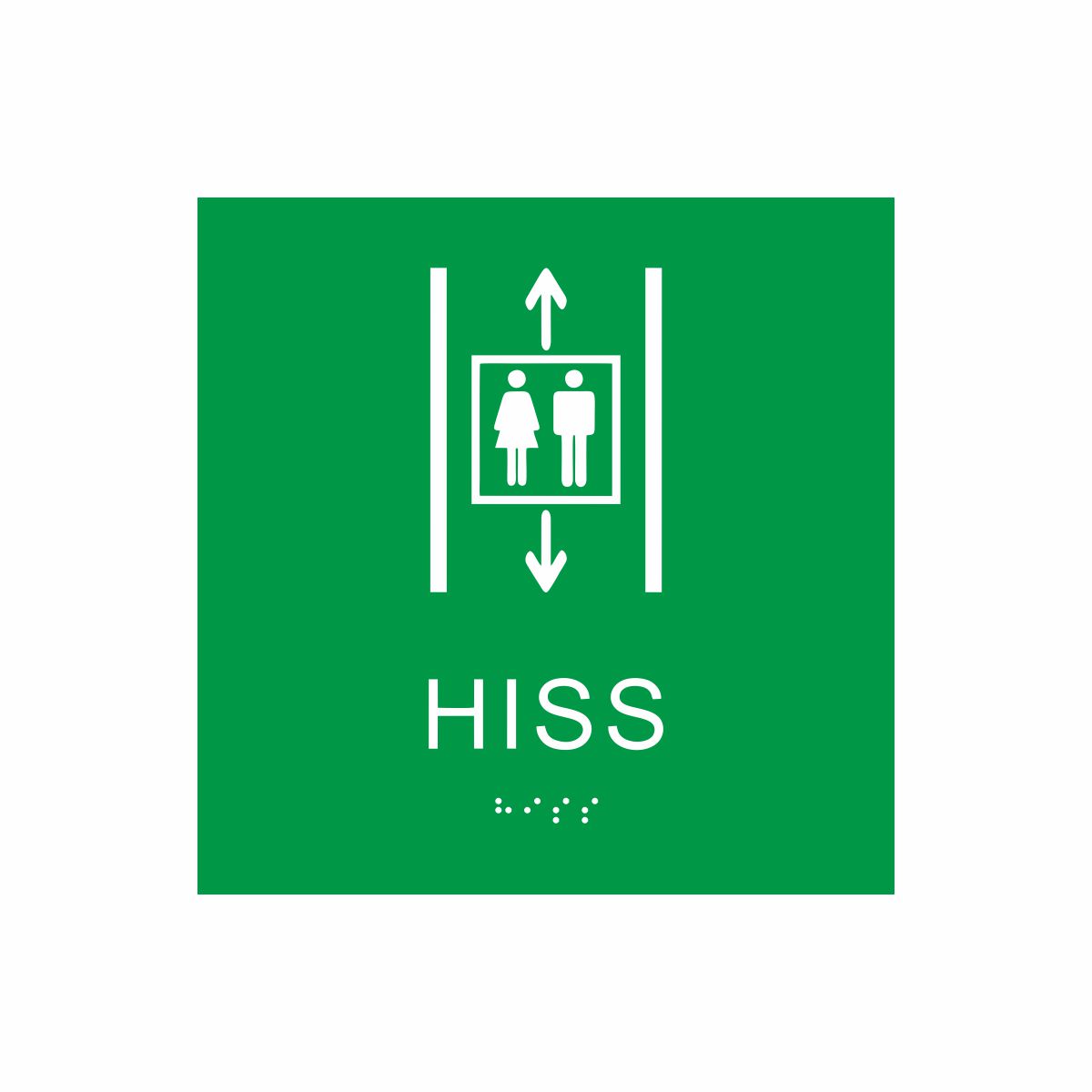 Grön och vit hisskylt med piktogram av två personer i en hiss med upp- och nedåtpilar ovanför och under symbolen, texten hiss står under symbolen och punktskrift längst ned