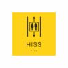 Gul och svart hisskylt med piktogram av två personer i en hiss med upp- och nedåtpilar ovanför och under symbolen, texten hiss står under symbolen och punktskrift längst ned