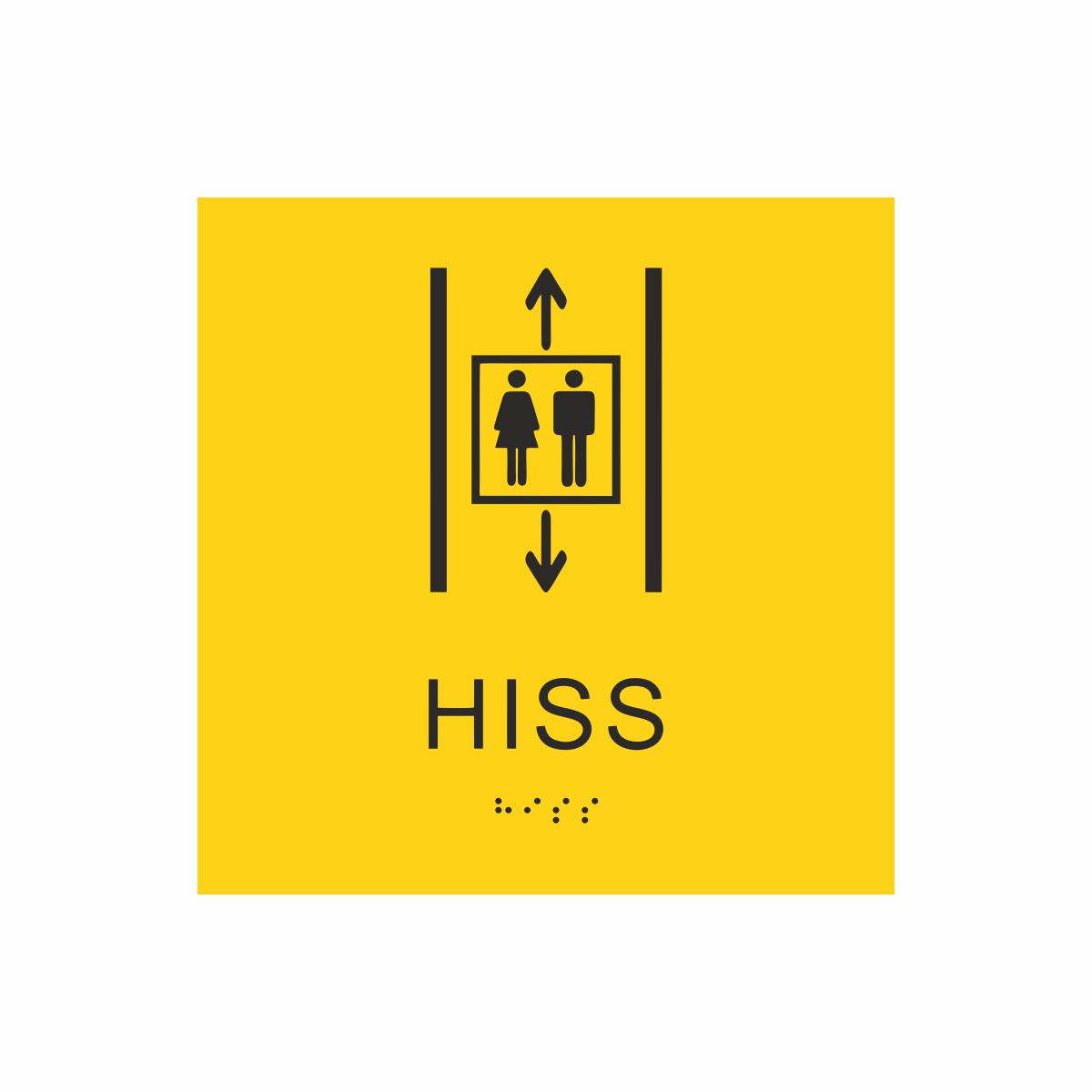 Gul och svart hisskylt med piktogram av två personer i en hiss med upp- och nedåtpilar ovanför och under symbolen, texten hiss står under symbolen och punktskrift längst ned