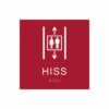 Röd och vit hisskylt med piktogram av två personer i en hiss med upp- och nedåtpilar ovanför och under symbolen, texten hiss står under symbolen och punktskrift längst ned