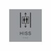 Silvergrå och svart hisskylt med piktogram av två personer i en hiss med upp- och nedåtpilar ovanför och under symbolen, texten hiss står under symbolen och punktskrift längst ned