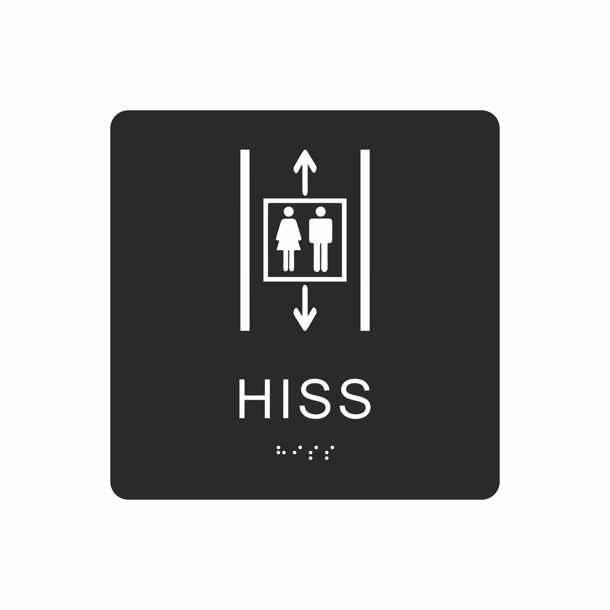 Svart och vit hisskylt med piktogram av två personer i en hiss med upp- och nedåtpilar ovanför och under symbolen, texten hiss står under symbolen och punktskrift längst ned