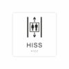 Vit och svart hisskylt med piktogram av två personer i en hiss med upp- och nedåtpilar ovanför och under symbolen, texten hiss står under symbolen och punktskrift längst ned