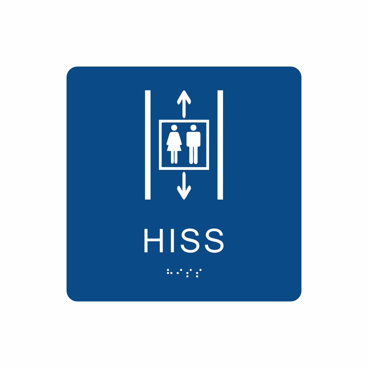 Blå och vit hisskylt med piktogram av två personer i en hiss med upp- och nedåtpilar ovanför och under symbolen, texten hiss står under symbolen och punktskrift längst ned