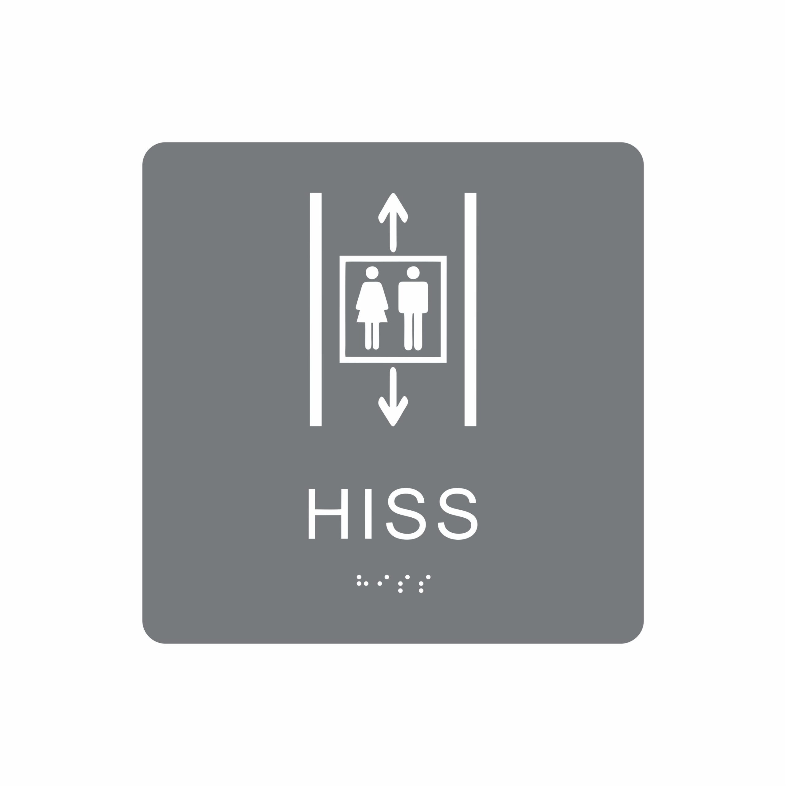 Grå och vit hisskylt med piktogram av två personer i en hiss med upp- och nedåtpilar ovanför och under symbolen, texten hiss står under symbolen och punktskrift längst ned