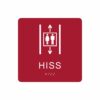 Röd och vit hisskylt med piktogram av två personer i en hiss med upp- och nedåtpilar ovanför och under symbolen, texten hiss står under symbolen och punktskrift längst ned