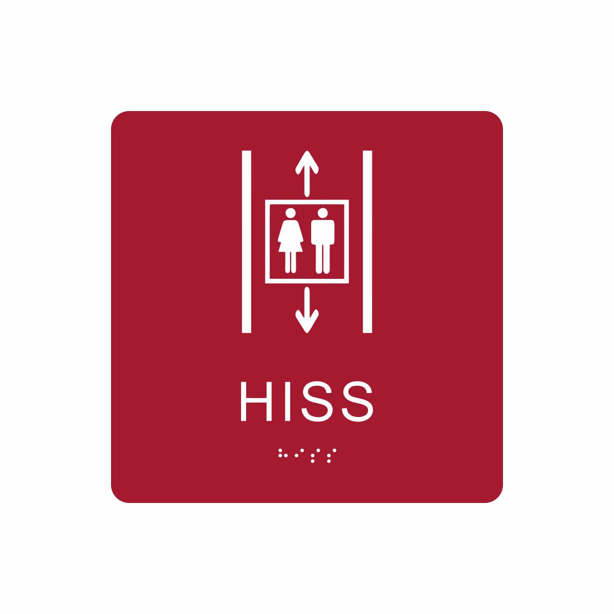 Röd och vit hisskylt med piktogram av två personer i en hiss med upp- och nedåtpilar ovanför och under symbolen, texten hiss står under symbolen och punktskrift längst ned