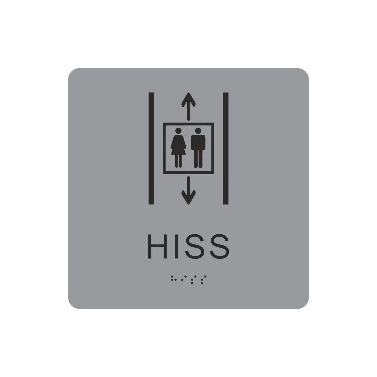 Silvergrå och svart hisskylt med piktogram av två personer i en hiss med upp- och nedåtpilar ovanför och under symbolen, texten hiss står under symbolen och punktskrift längst ned