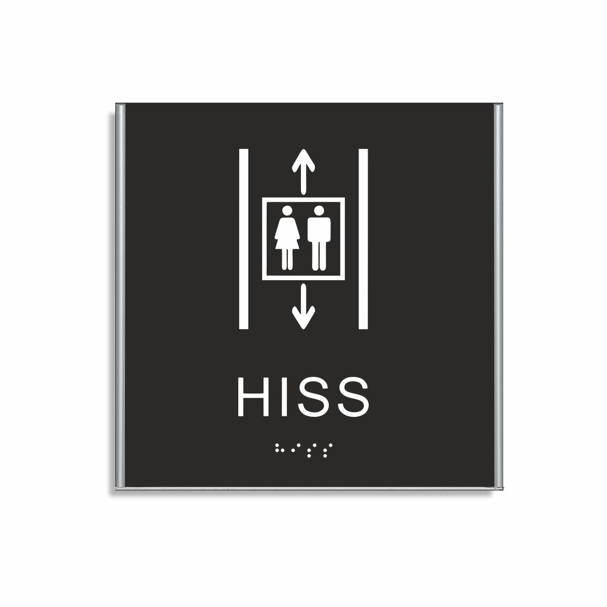 Svart och vit hisskylt i storlek 150 x 150 mm med en tunn aluminiumram, med piktogram av två personer i en hiss med upp- och nedåtpilar ovanför och under symbolen, texten hiss står under symbolen och punktskrift längst ned