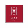 Röd och vit hisskylt i storlek 150 x 150 mm med en tunn aluminiumram, med piktogram av två personer i en hiss med upp- och nedåtpilar ovanför och under symbolen, texten hiss står under symbolen och punktskrift längst ned