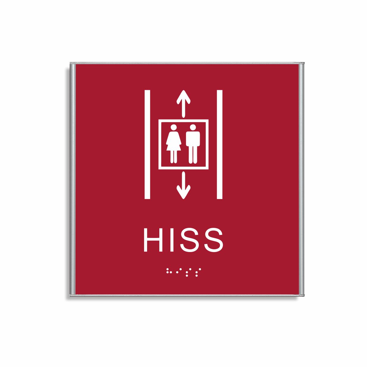 Röd och vit hisskylt i storlek 150 x 150 mm med en tunn aluminiumram, med piktogram av två personer i en hiss med upp- och nedåtpilar ovanför och under symbolen, texten hiss står under symbolen och punktskrift längst ned