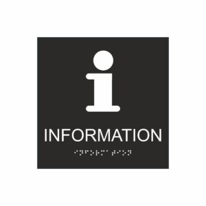 Svart och vit informationsskylt med piktogram av bokstaven i, texten information står under symbolen och punktskrift längst ned