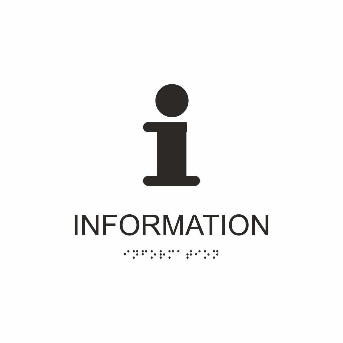 Vit och svart informationsskylt med piktogram av bokstaven i, texten information  står under symbolen och punktskrift längst ned