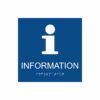 Blå och vit informationsskylt med piktogram av bokstaven i, texten information  står under symbolen och punktskrift längst ned