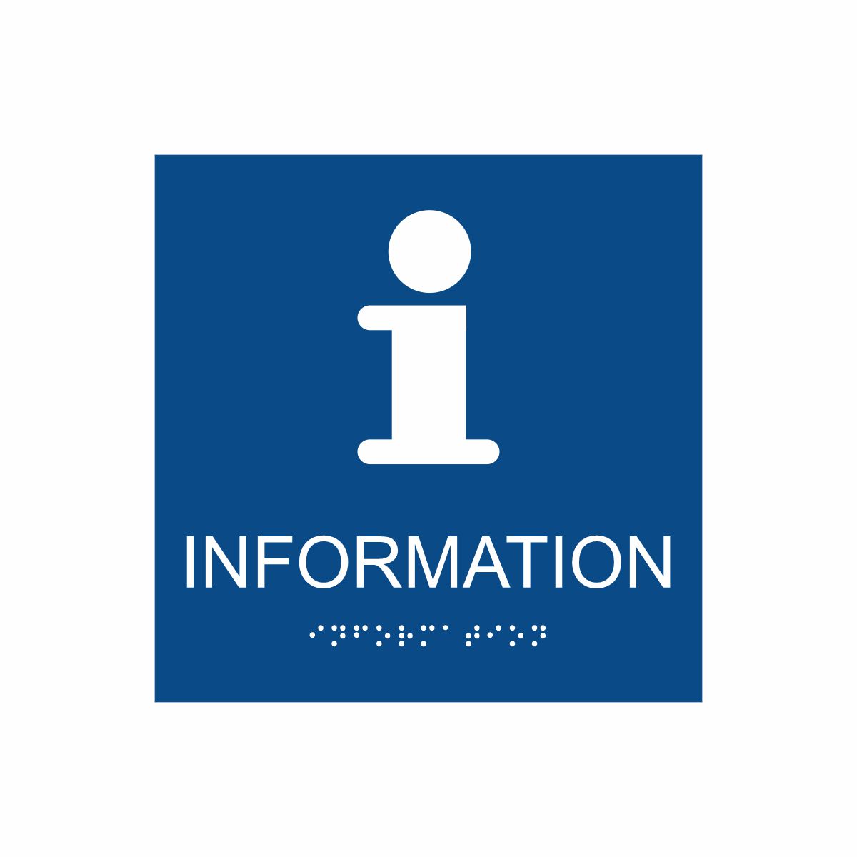 Blå och vit informationsskylt med piktogram av bokstaven i, texten information  står under symbolen och punktskrift längst ned