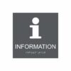 Charcoalgrå och vit informationsskylt med piktogram av bokstaven i, texten information står under symbolen och punktskrift längst ned