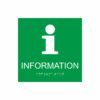 Grön och vit informationsskylt med piktogram av bokstaven i, texten information står under symbolen och punktskrift längst ned