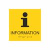 Gul och svart informationsskylt med piktogram av bokstaven i, texten information står under symbolen och punktskrift längst ned
