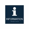 Mörkblå och vit informationsskylt med piktogram av bokstaven i, texten information står under symbolen och punktskrift längst ned