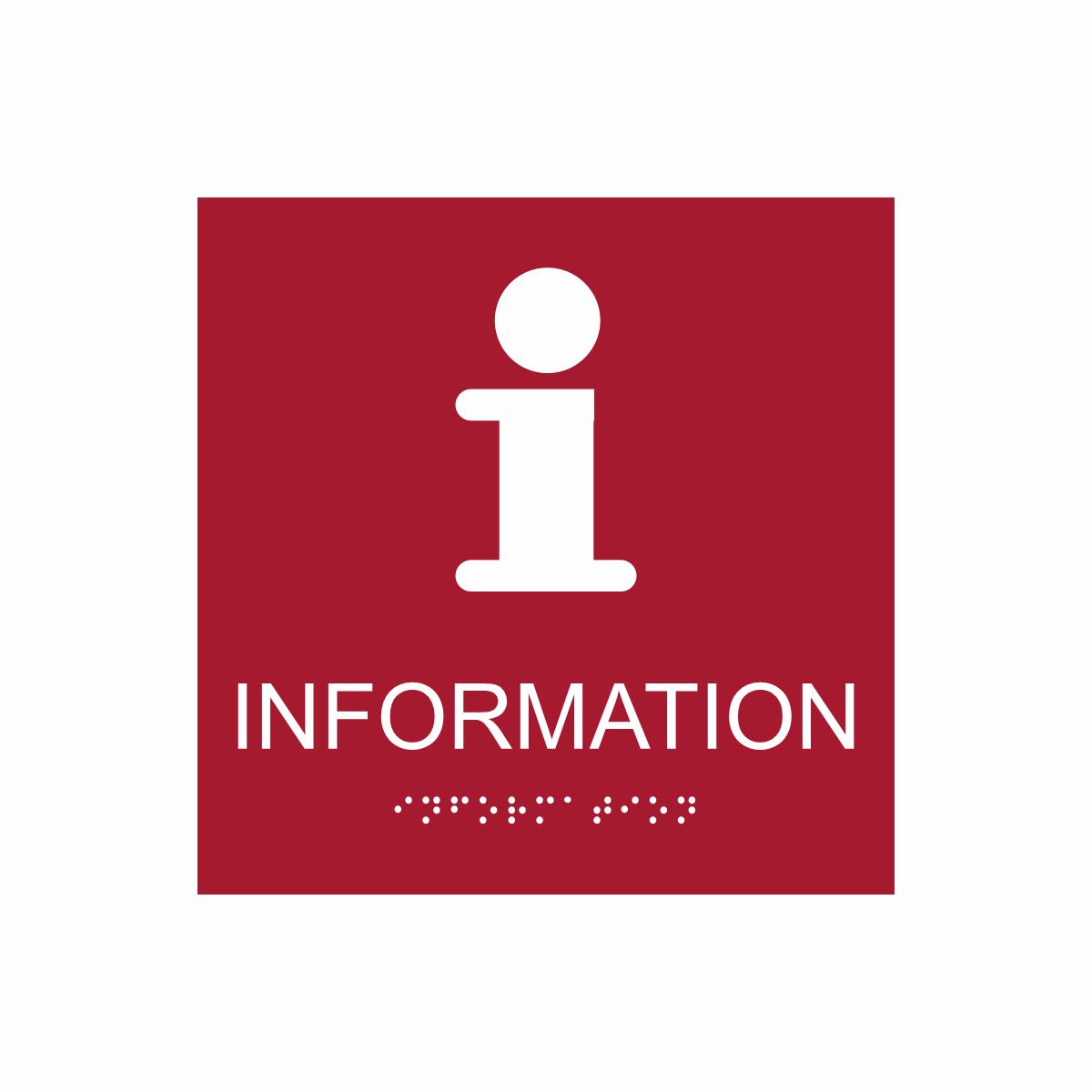 Röd och vit informationsskylt med piktogram av bokstaven i, texten information står under symbolen och punktskrift längst ned